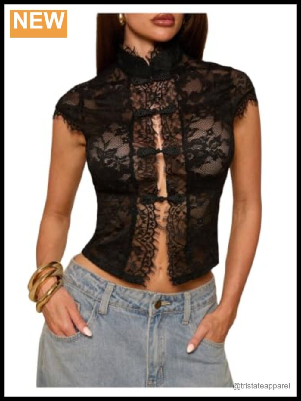 Sheer Lace Mock Neck Crop Top Mandarin Collar Blouse Long Sleeve